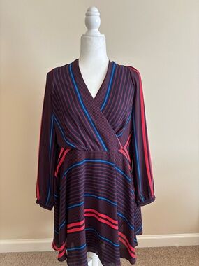 Express Burgundy Wrap Dress with Blue and Red Orange Stripes